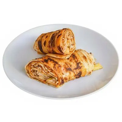 Hatay Usulü Tavuk Döner Dürüm, Özel sos, soğan, turşu, domates, patates kızartması, mayonez. Pul biber, biber turşusu, ketçap, mayonez ile