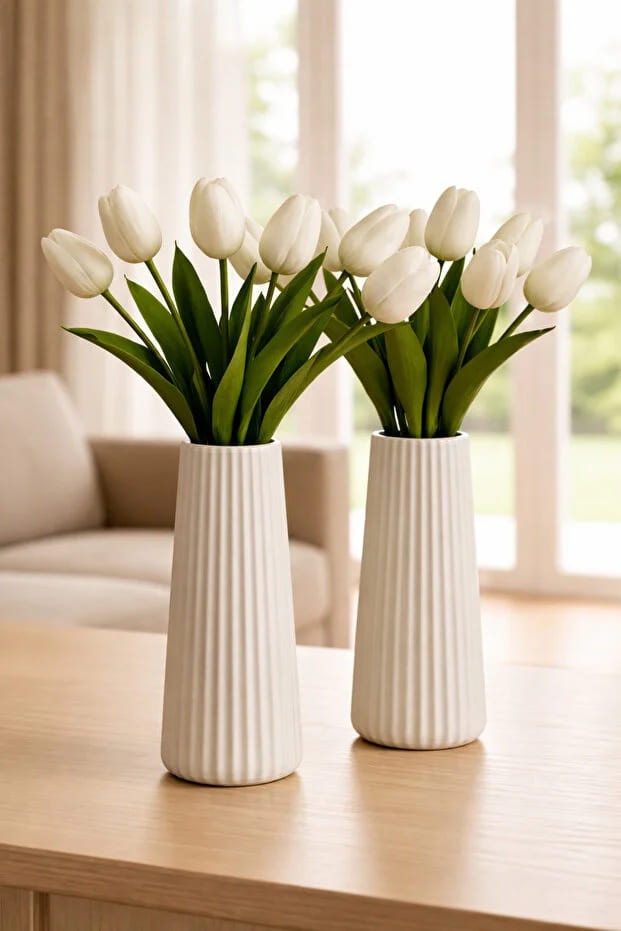 2’li Modern Beyaz Seramik Çiçek Vazosu 2’li beyaz çizgili seramik çiçek vazo 19cm dekoratif model