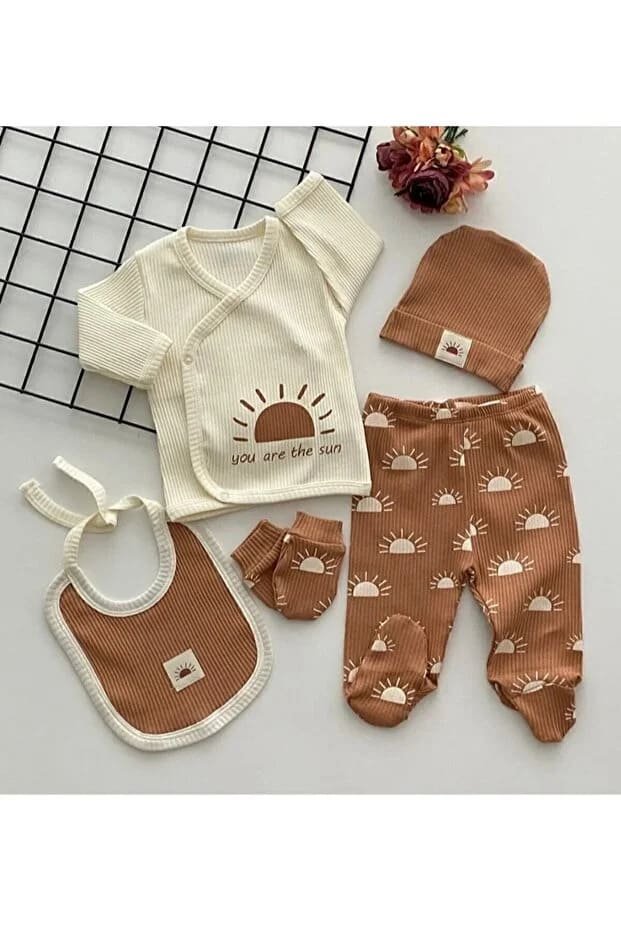 organik kumaş fitilli 5 parça hastane çıkışı set yenidoğan bebek